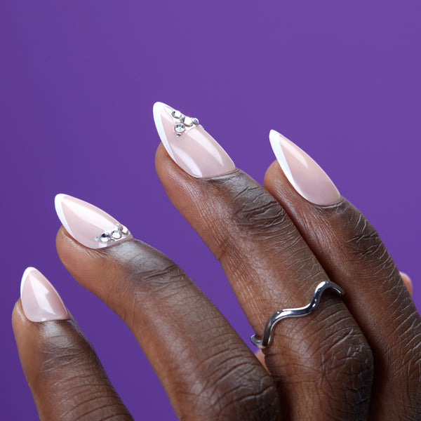 Dashing Diva MAGIC PRESS long stiletto style Sweet Talker with nail art Brilliance gems for an Embellished French custom look.