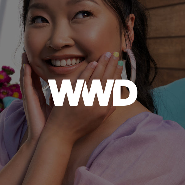 Women's Wear Daily featuring Lana Condor wearing GLAZE Candy Village semi-cured gel nail strips.