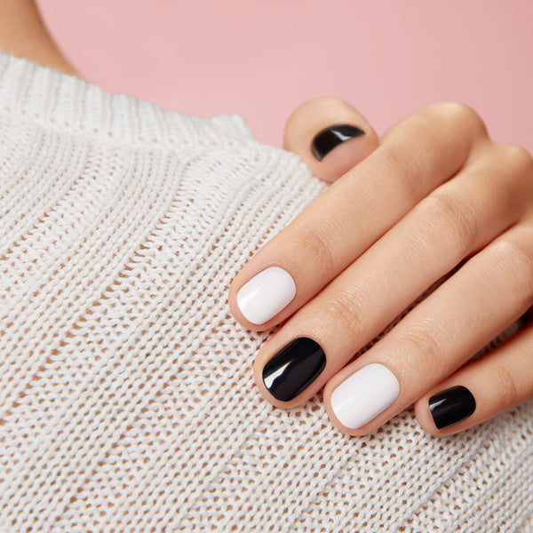 Dashing Diva GLAZE black and white mani shop the look with white syrup and real black semi cured gel strips.