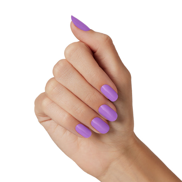 Soda or champagne? A matching mani/pedi set of semi-cured bright purple gel nail strips with mega volume and maximum shine.