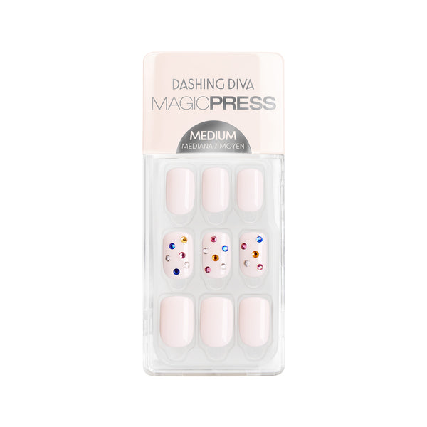 Medium length, square shape, glossy finish. Milky white press-on gel nails featuring multicolor gems.