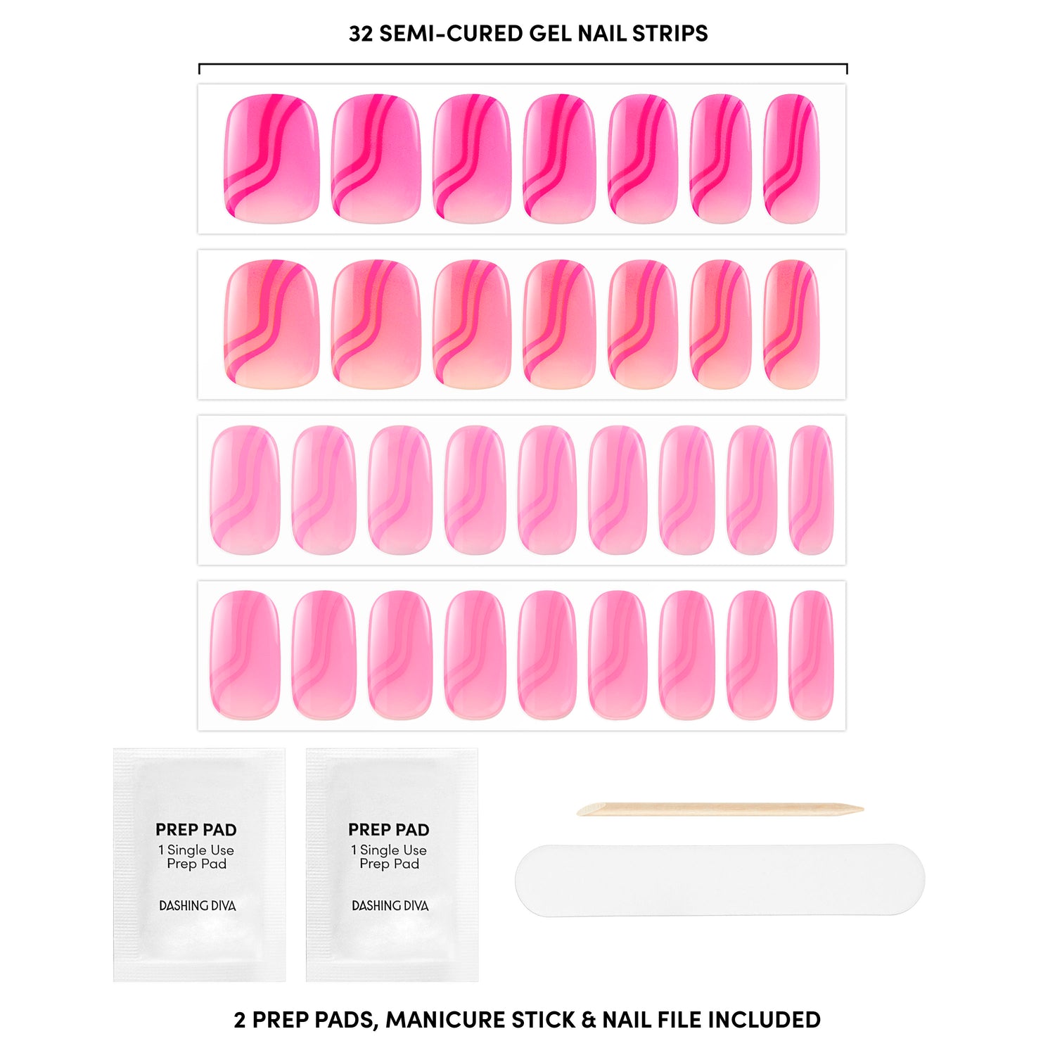 Multi-shade pink gel nail strips featuring wavy line art & ombré accents with mega volume & maximum shine.