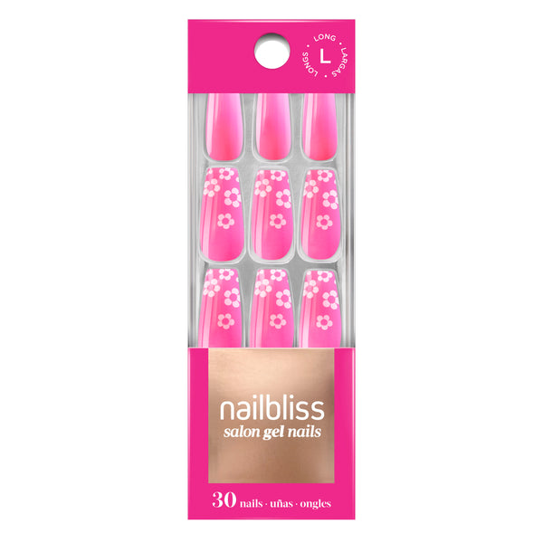 Long length, coffin shape, glossy finish. Neon pink glue-on gel nails 