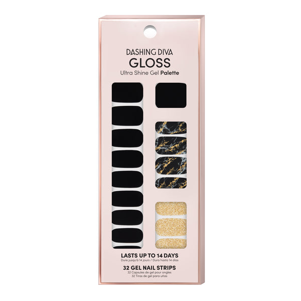 Black nail strips featuring black & white marbling and gold glitter with a glossy, high-shine finish.