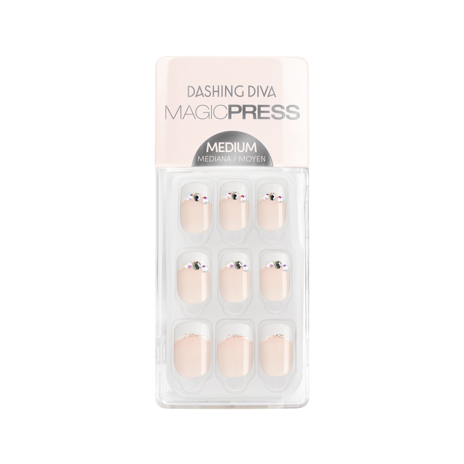  Medium length, square shape, glossy finish. Semi-sheer nude press-on gel nails featuring white french tips with rhinestones and silver foil detailing.