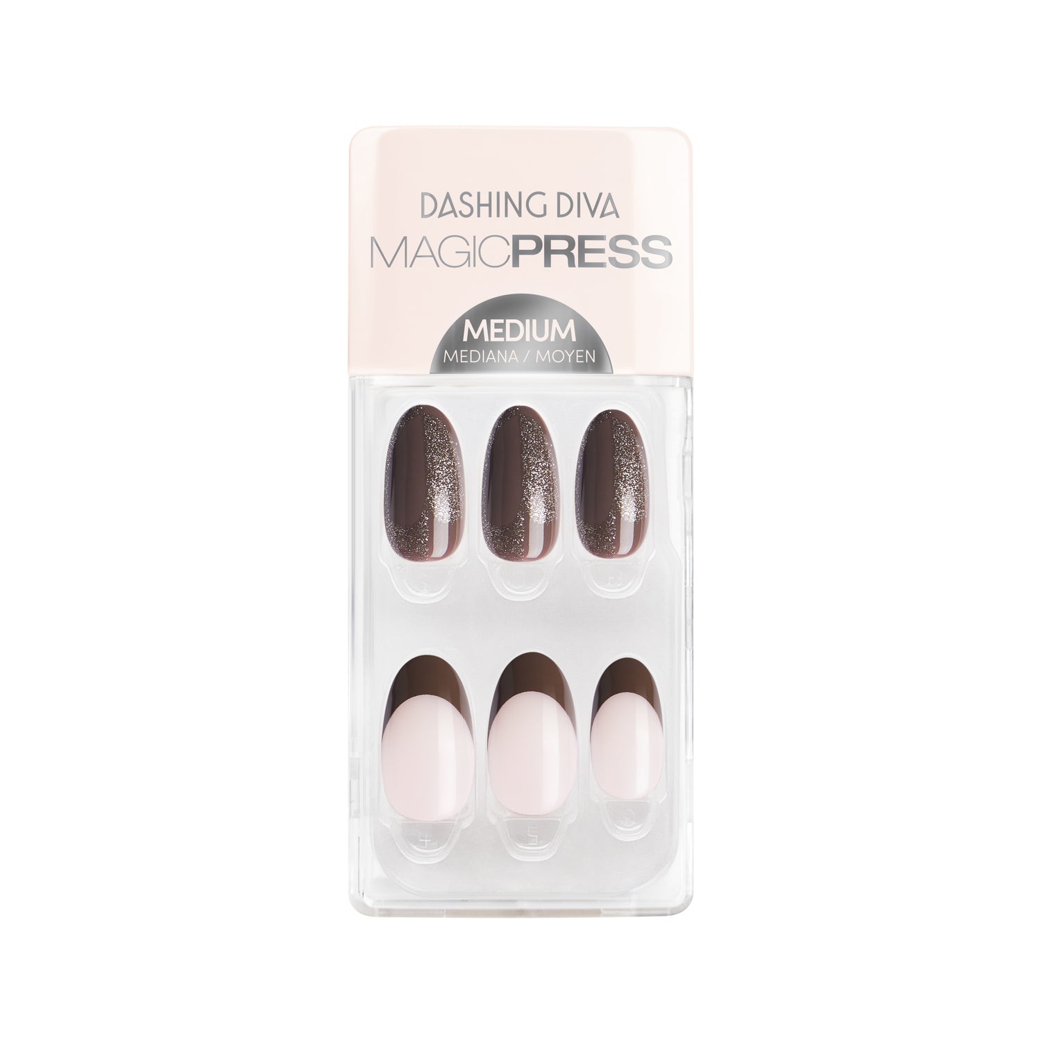 Medium length, almond shape, glossy finish. Cocoa brown & semi-sheer nude press-on gel nails featuring cocoa brown french tips and champagne glitter.