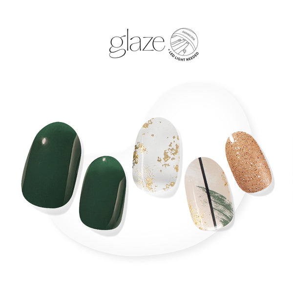 Dashing Diva GLAZE forest green semi cured gel nail strips with abstract accents and gold glitter & foil.