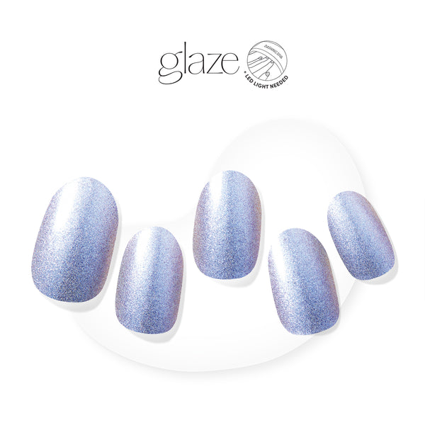 Semi-cured lavender blue gel nail strips featuring velvet shimmer with mega volume and maximum shine.