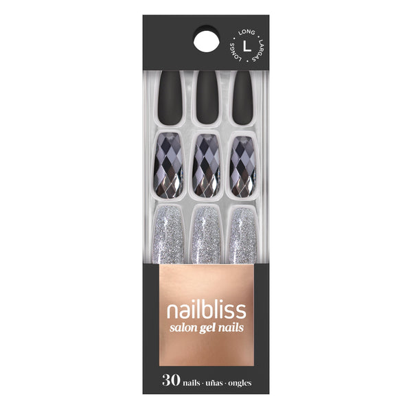 Dashing Diva nailbliss long, coffin, matte black and glossy faceted nails with silver glitter accent nails. 