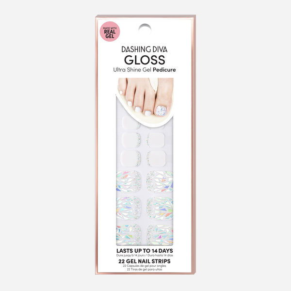 Dashing Diva GLOSS Pedicure white gel nail strips with silver glitter and shattered glass accents.