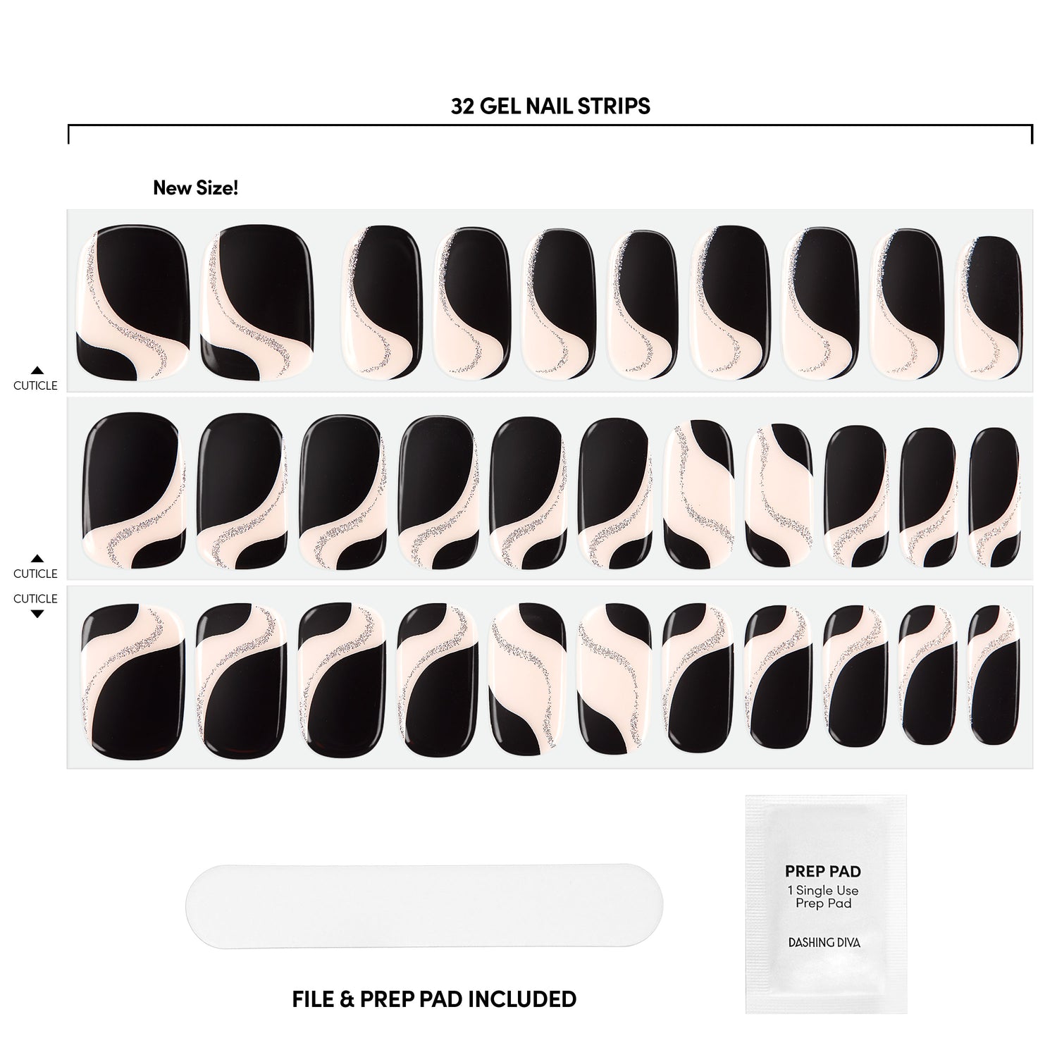  Nude gel nail strips featuring black abstract French and silver details