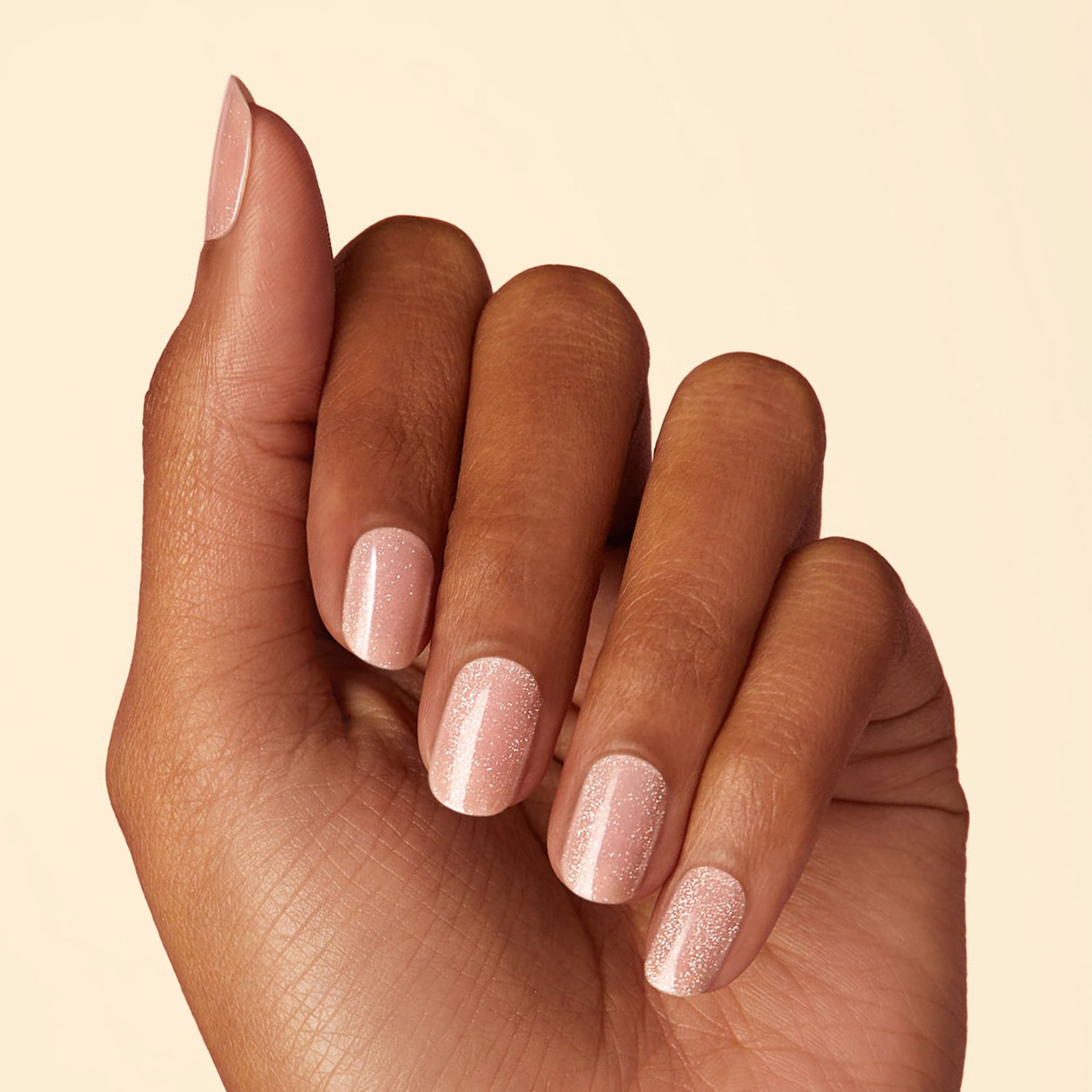 Nude pink gel nail strips featuring velvet shimmer with a double gel formula for an ultra-smooth finish.