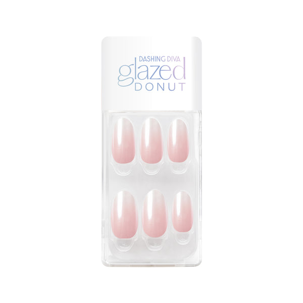 Ombre pink and white press-on gel nails featuring, medium length, almond shape, and a shimmery chrome French Finish.