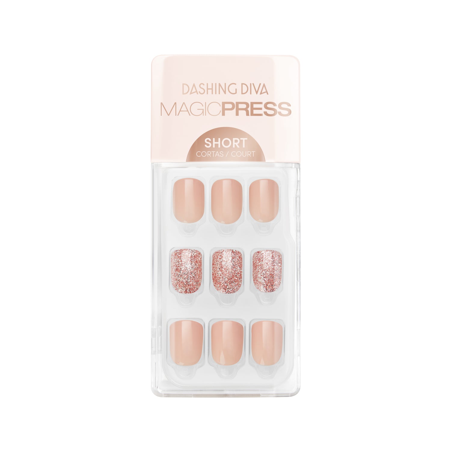 Dashing Diva MAGIC PRESS short, square neutral press on gel nails with pink glitter accents.