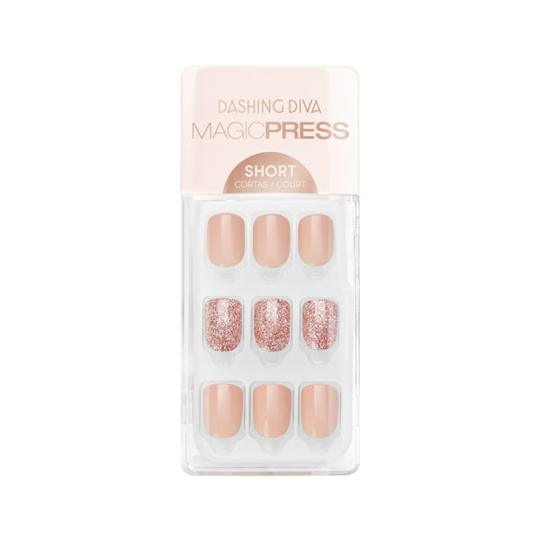 Dashing Diva MAGIC PRESS short, square neutral press on gel nails with pink glitter accents.