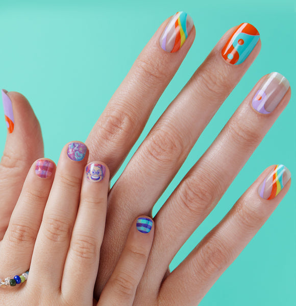 Dashing Diva & Disney and Pixar's Turning Red Happy Dance! multicolor gel nail strips and A Day with Mei multicolor kids gel mani strips.