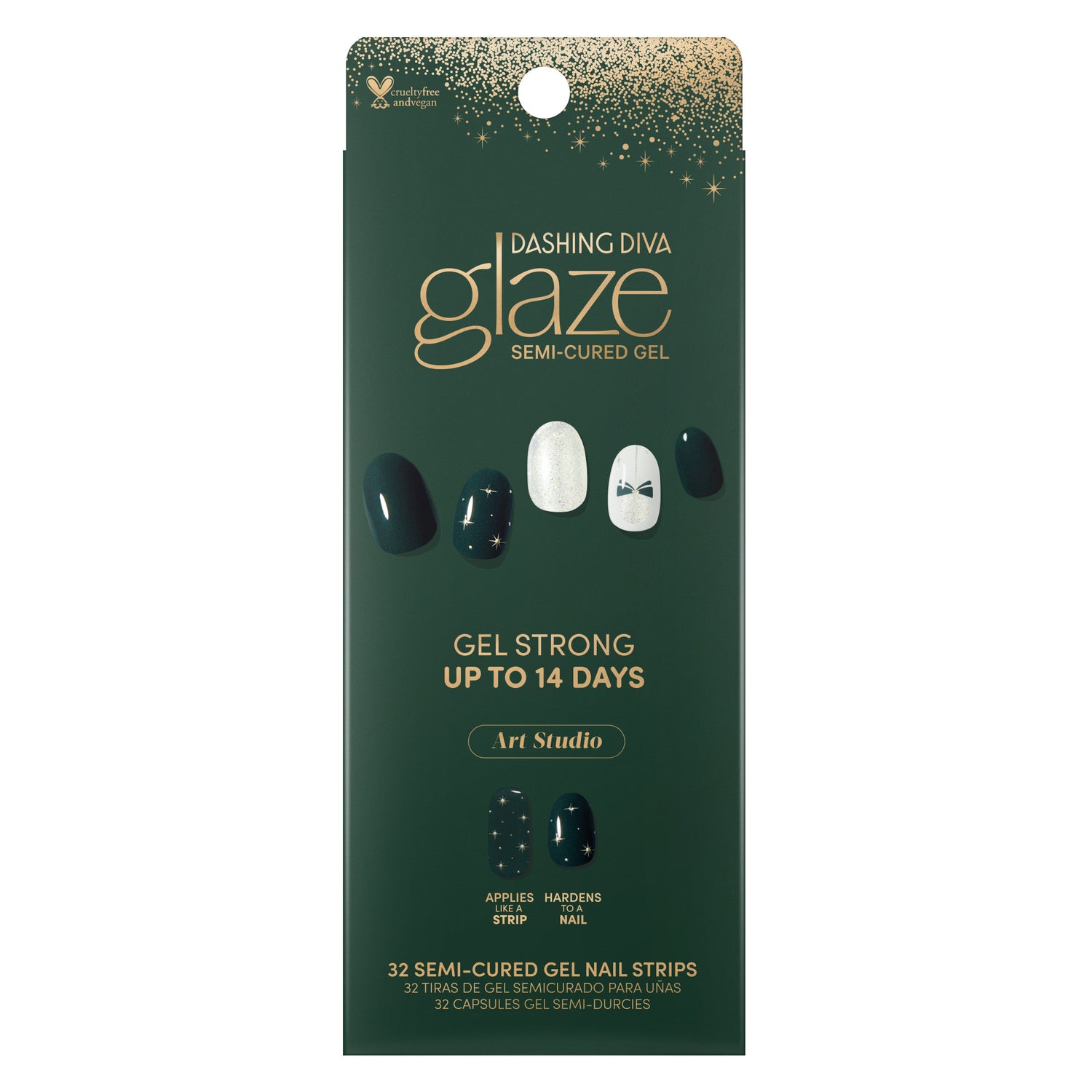 Semi-cured deep green and cream gel nail strips featuring champagne glitter, gold foil stars, and ornament accents with mega volume & maximum shine.
