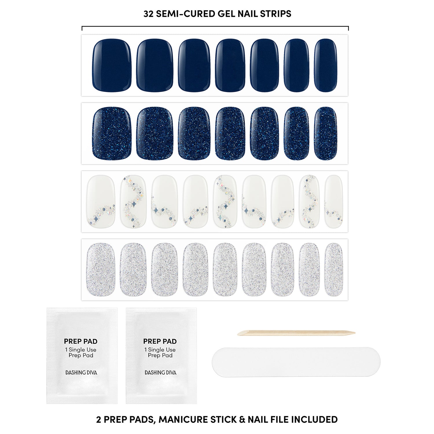 Semi-cured milky white & navy blue gel nail strips featuring iridescent glitter, blue glitter, and iridescent foil starry accents with mega volume & maximum shine.