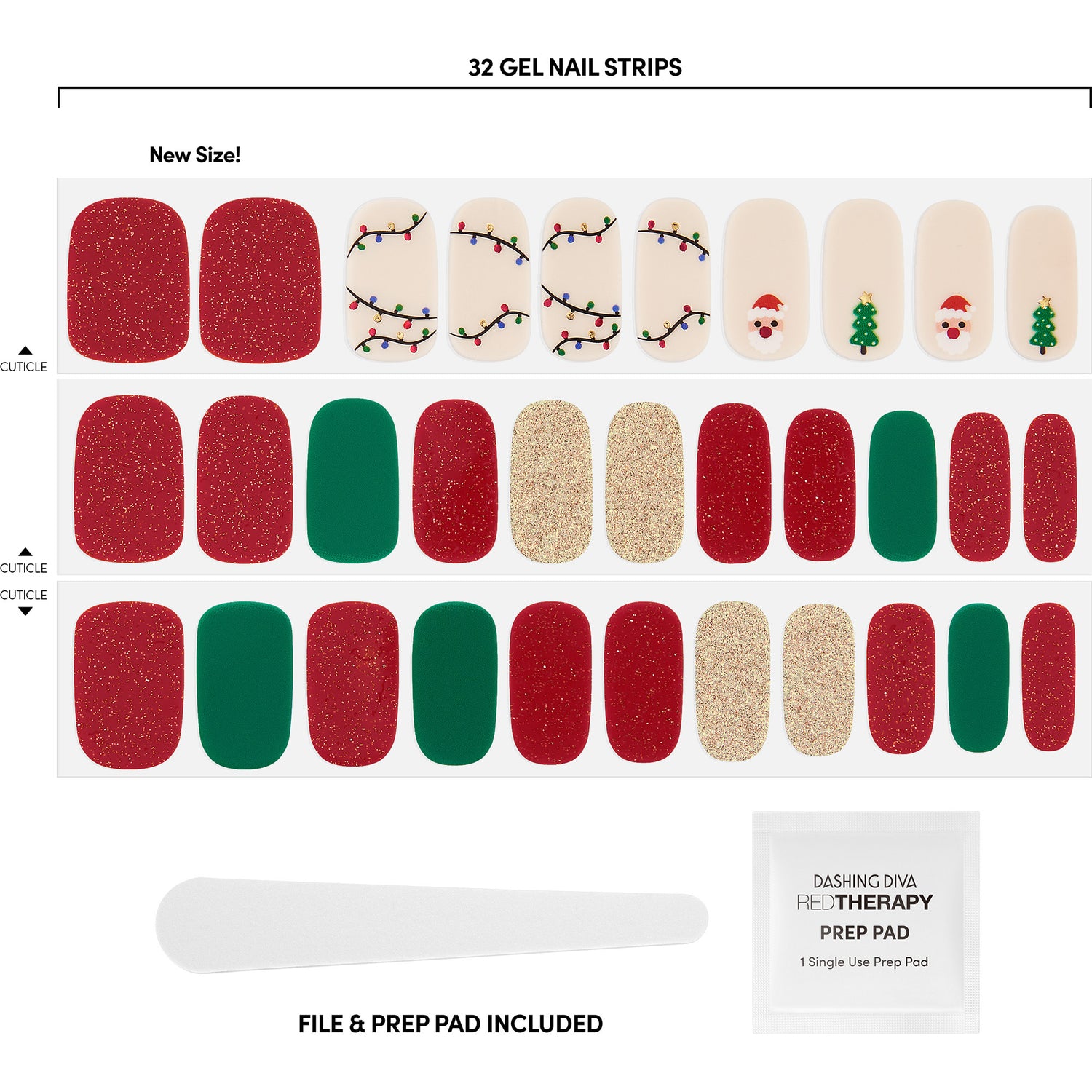 Solid green, solid sheer nude, glittered red, and glittered champagne nail strips featuring santa & tree icons and string light accents with a glossy, high-shine finish.
