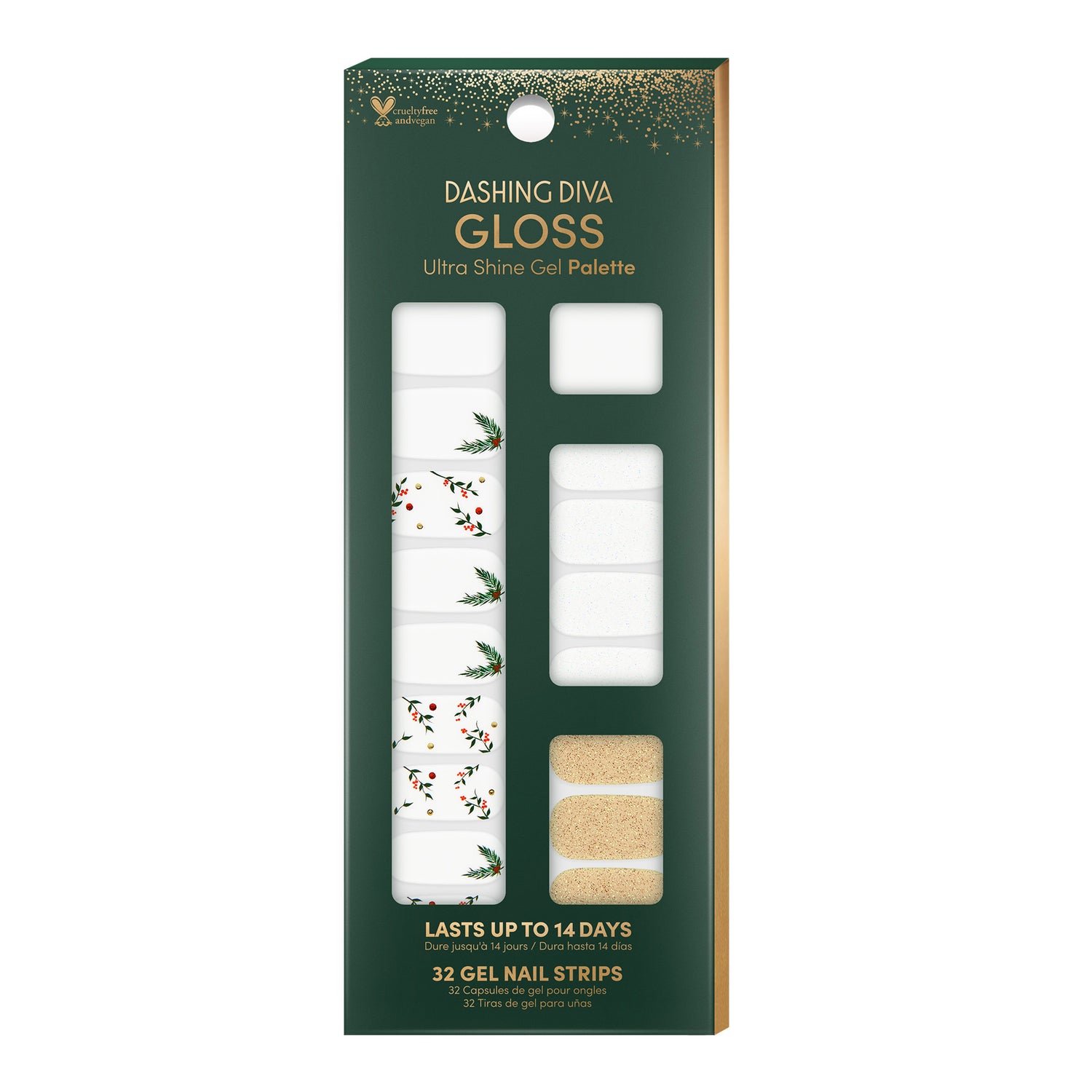 Semi-sheer white nail strips featuring gold glitter, iridescent glitter, red & gold foil details, and mistletoe accents with a glossy, high-shine finish.