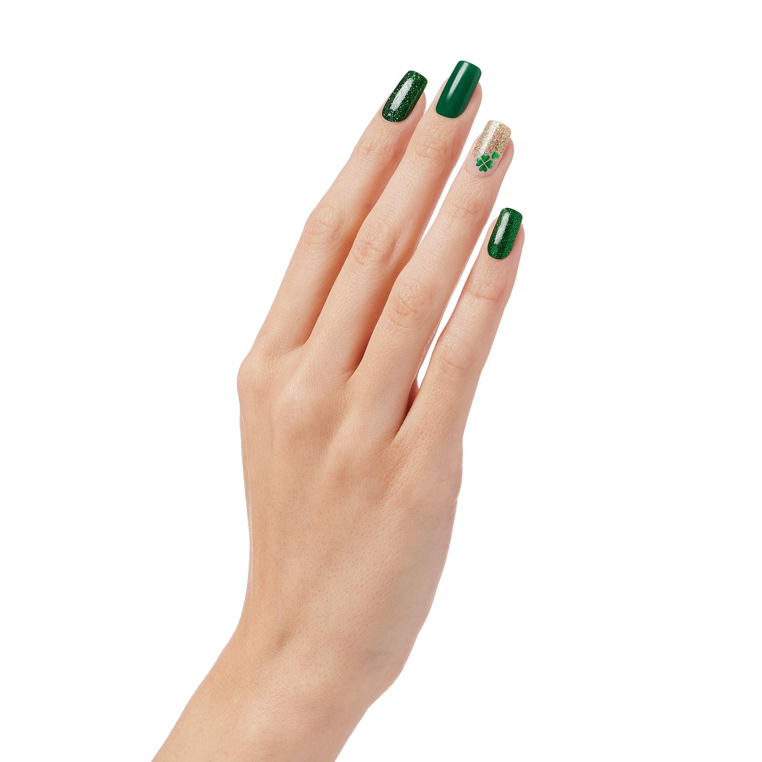 Eat, drink, and be merry. 🍀 Sheer nude & green gel nail strips featuring green & gold glitter and metallic clover accents with a glossy, high-shine finish.