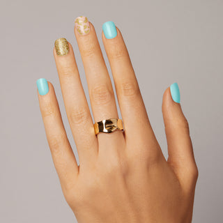 Aqua blue and nude pink gel nail strips featuring gold glitter and gold foil accents with a glossy, high-shine finish.