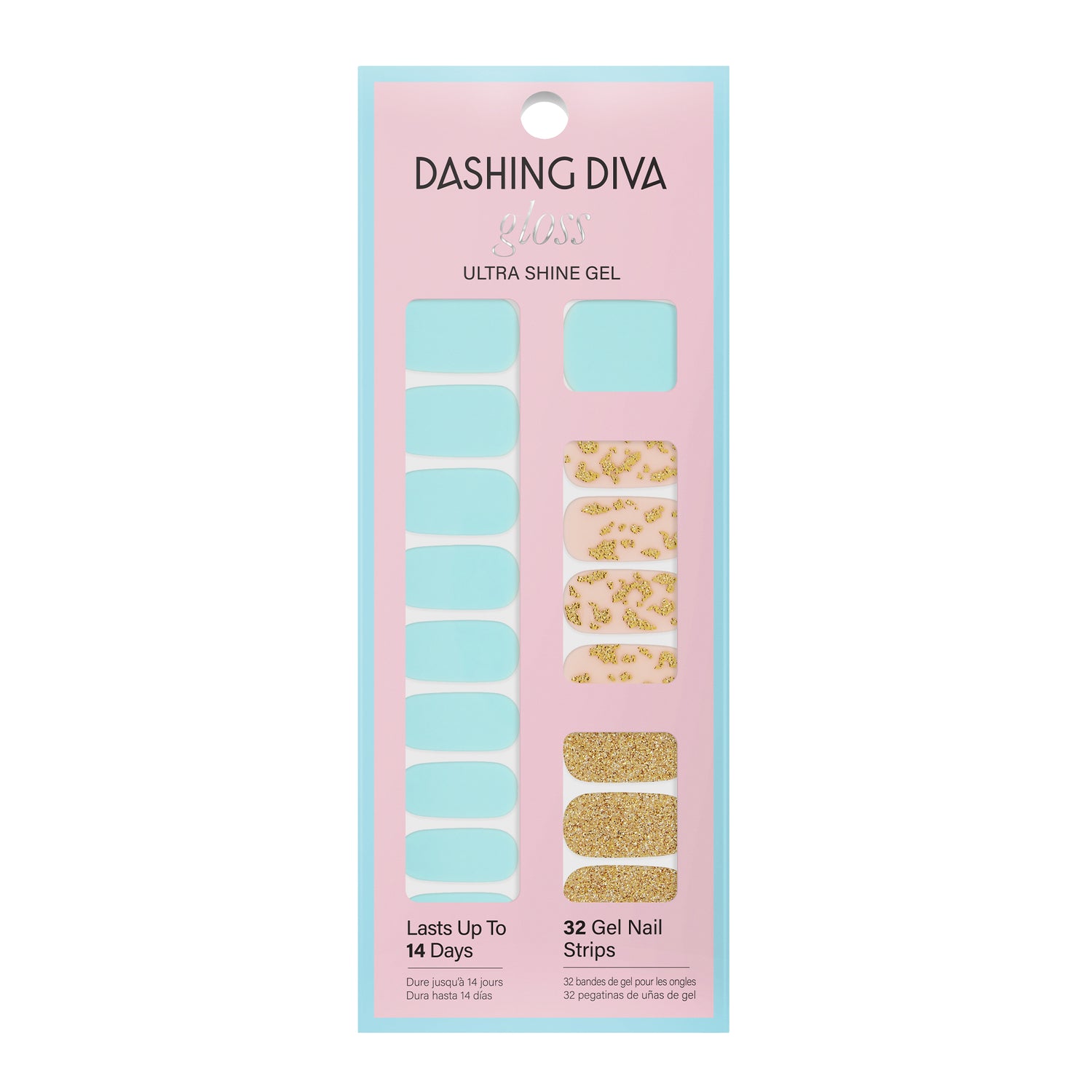 Aqua blue and nude pink gel nail strips featuring gold glitter and gold foil accents with a glossy, high-shine finish.