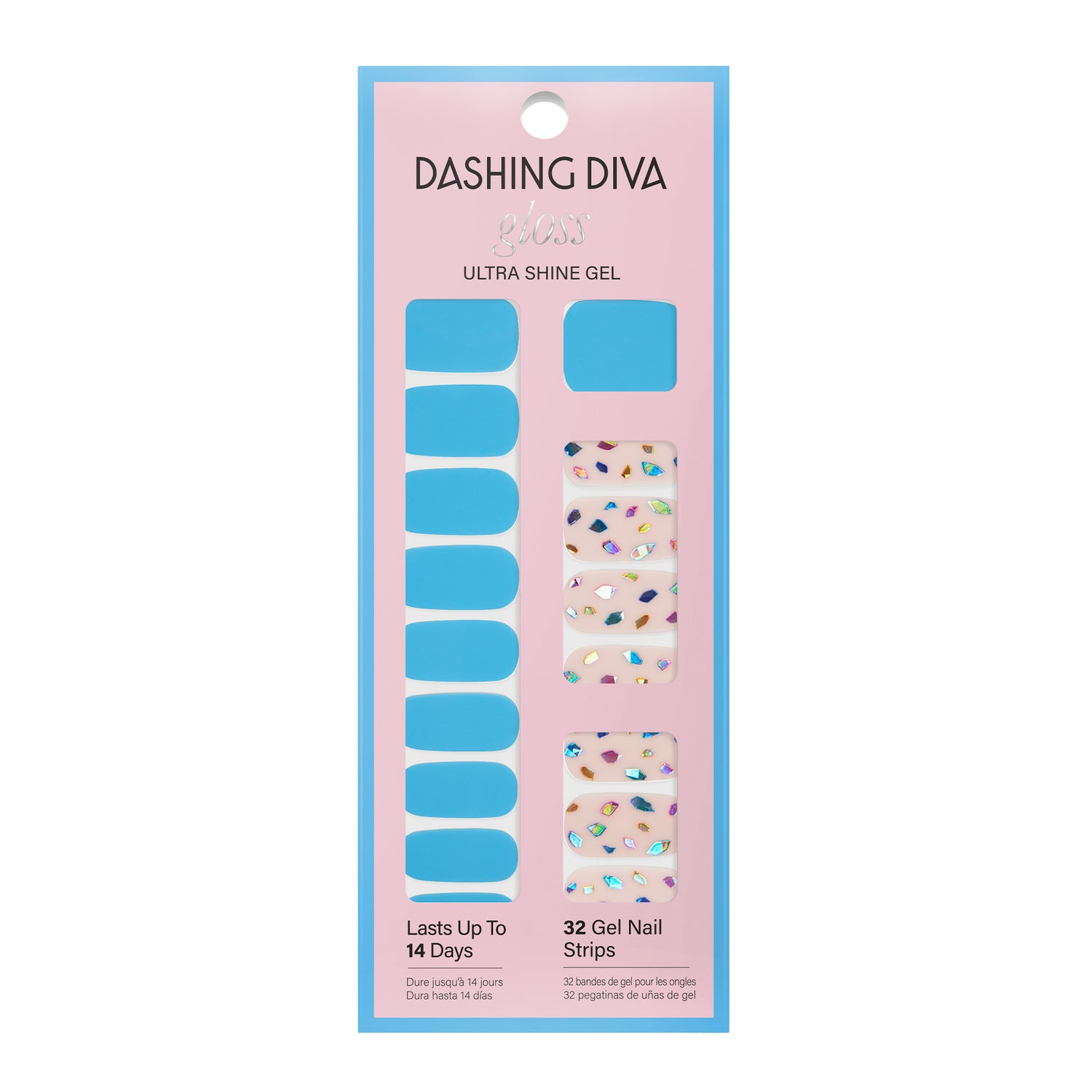 Now you see them, now you don't... Bright blue & nude pink gel nail strips featuring multicolor mosaic accents with a glossy, high-shine finish. 