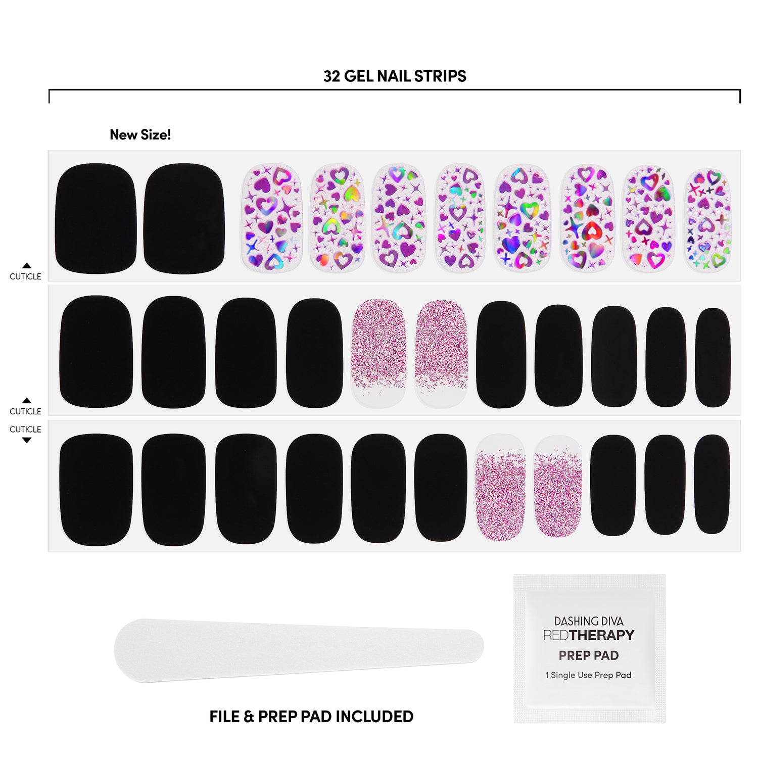 Call me cute or don't call me at all. Black & clear gel nail strips featuring a glitter ombré french, iridescent glitter, and holographic hearts with a glossy, high-shine finish.