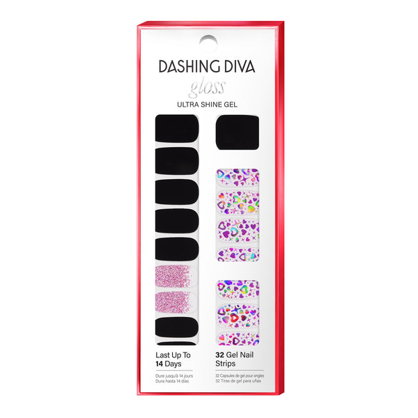 Call me cute or don't call me at all. Black & clear gel nail strips featuring a glitter ombré french, iridescent glitter, and holographic hearts with a glossy, high-shine finish.