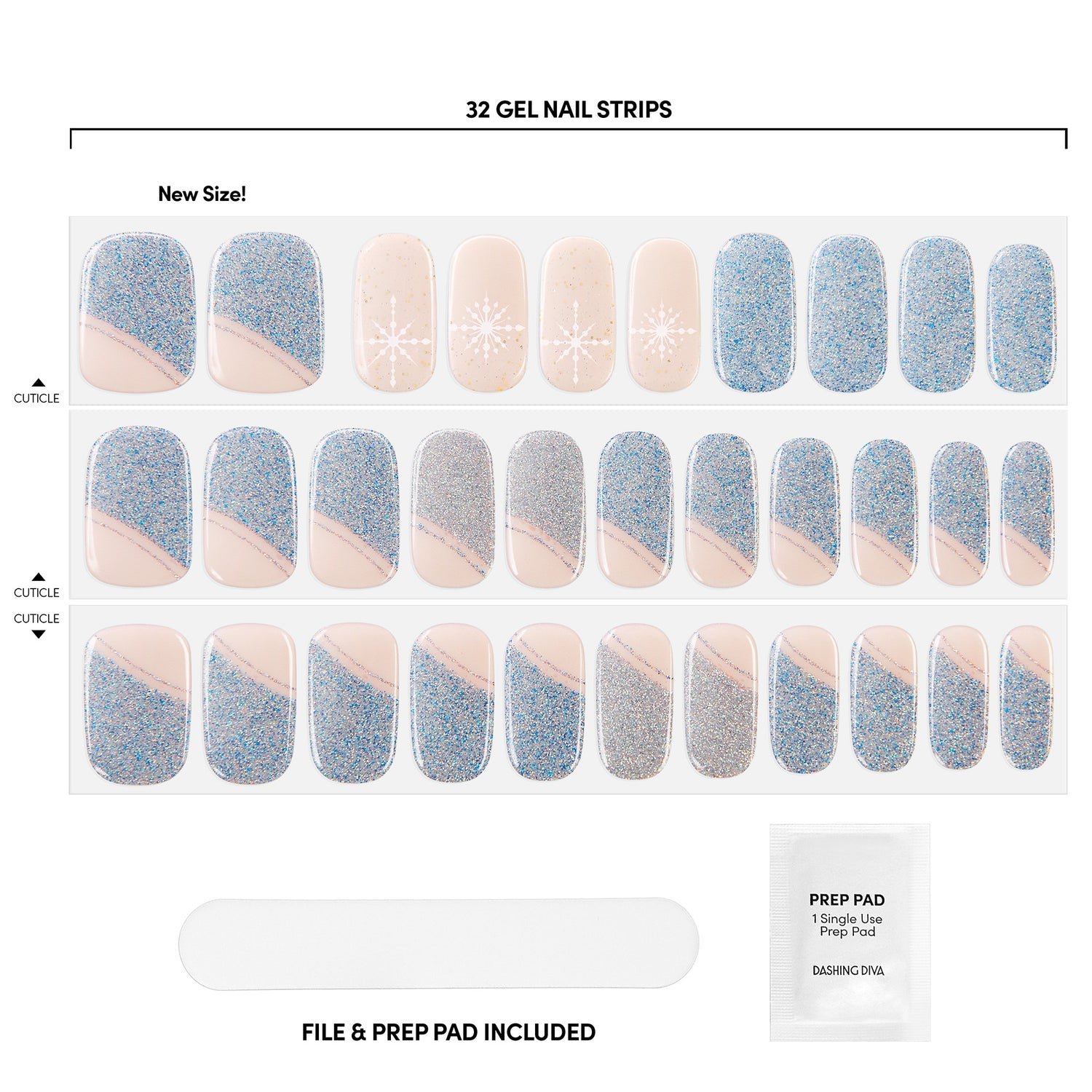 Sheer nude gel nail strips featuring asymmetrical silver & blue glittered french tips, iridescent glitter, and snowflake accents with a double gel formula for an ultra-smooth finish.