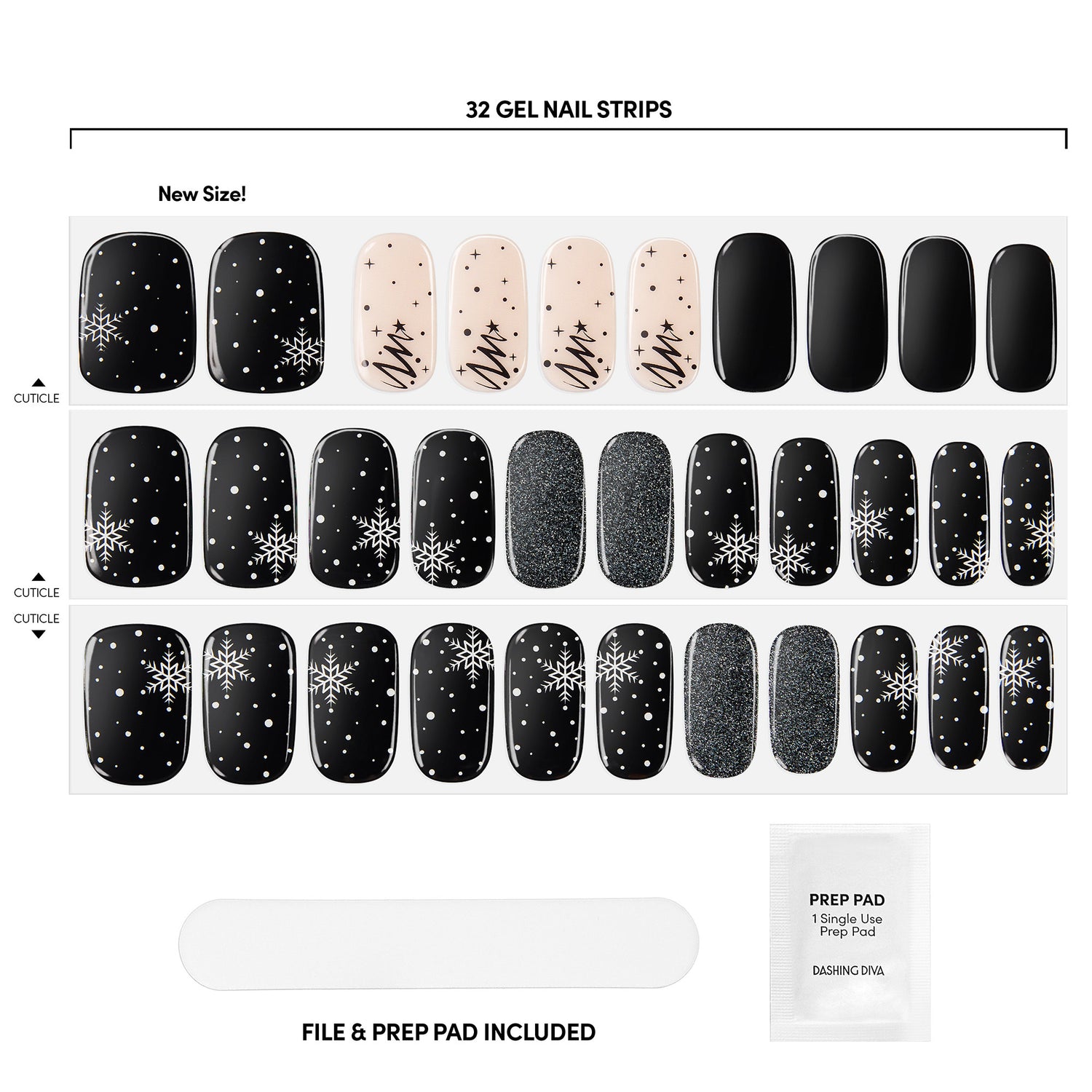 Solid black, glittered black, and sheer nude gel nail strips featuring snowflake icons and abstact Christmas tree accents with a double gel formula for an ultra-smooth finish.