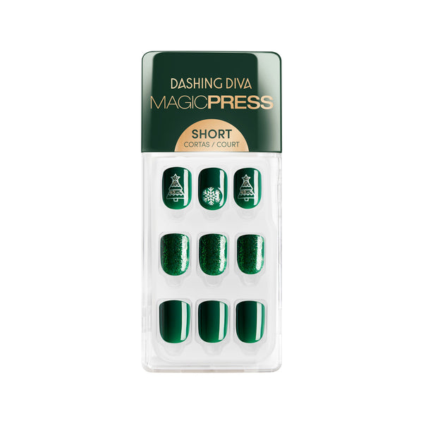 Short length, square shape, glossy finish. Solid green & glittered green press-on gel nails featuring Christmas tree icons, champagne glitter, and 3D snowflake details.