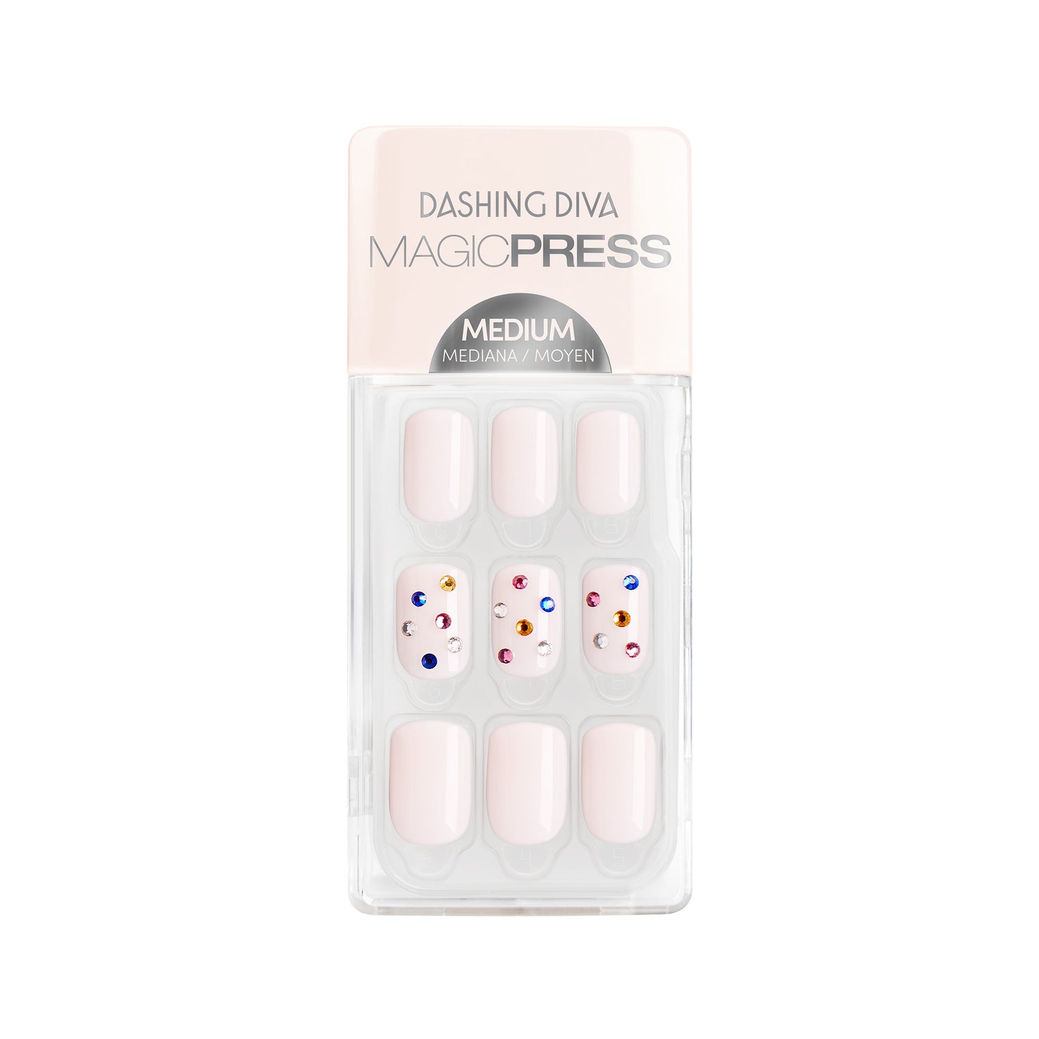 Medium length, square shape, glossy finish. Milky white press-on gel nails featuring multicolor gems.