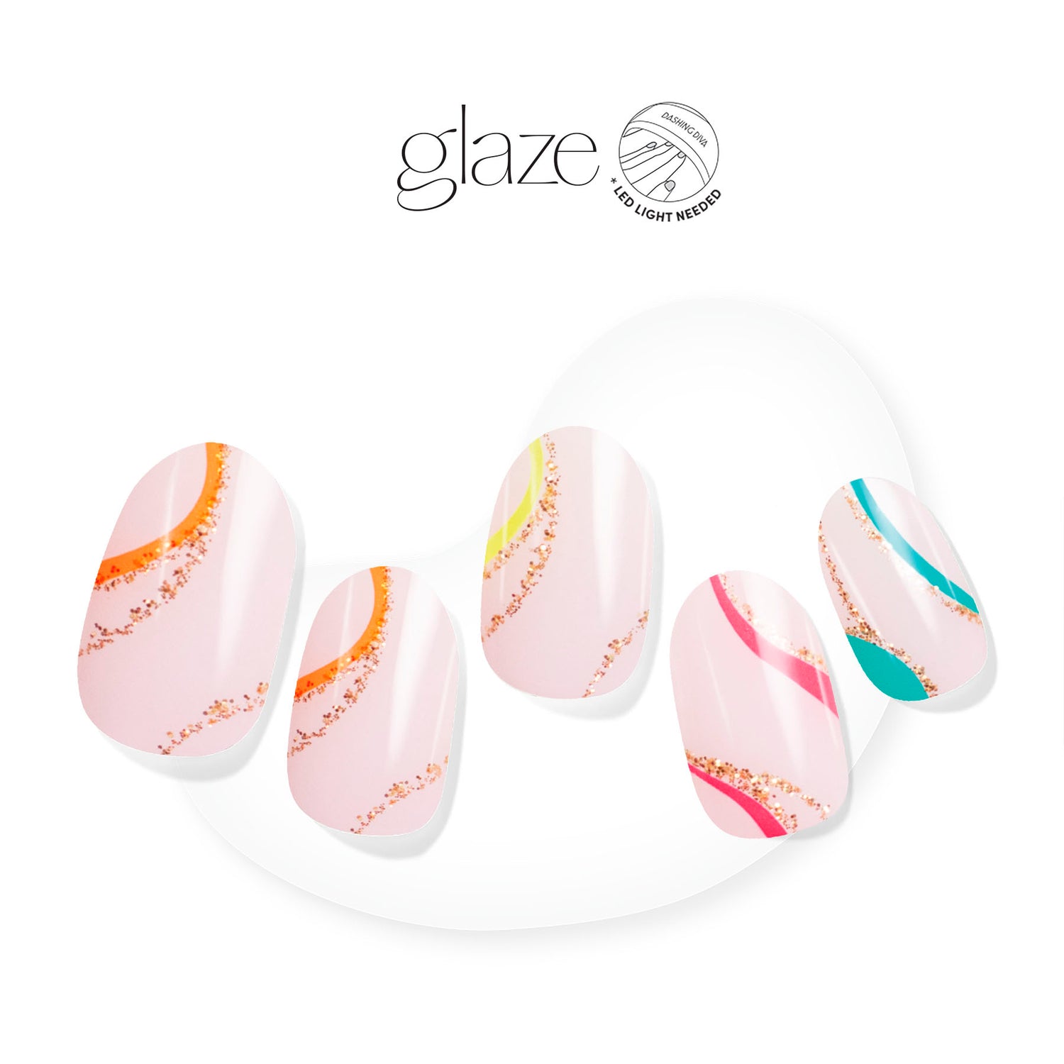 Sheer, nude pink gel nail strips featuring neon, multicolor swirls & gold glitter with mega volume and maximum shine.