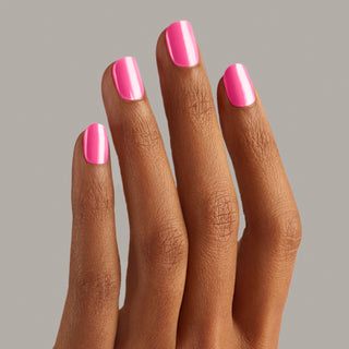 Semi-cured pink gel nail strips featuring a shimmery chrome finish with mega volume & maximum shine.