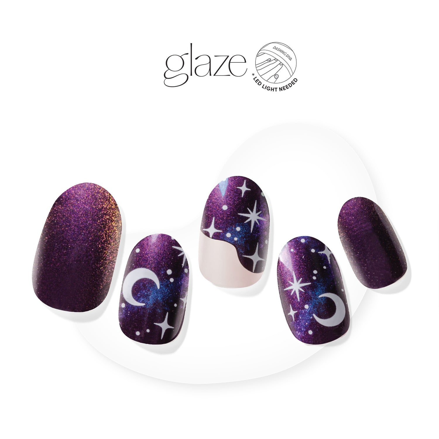  Add a little spice to your spell. Semi-cured clear & purple gel nail strips featuring a shimmery velvet effect, scalloped french tips, and starry icons with mega volume & maximum shine.