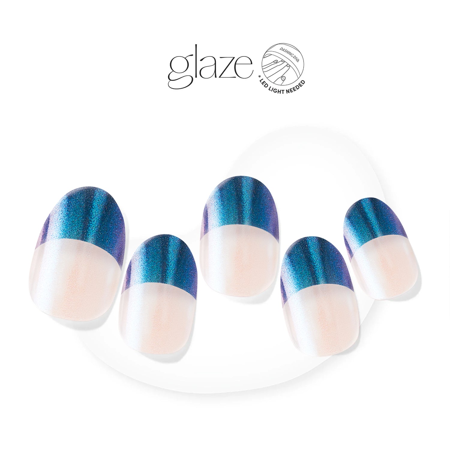  Semi-cured sheer nude gel nail strips featuring dark blue french tips and a shimmery, iridescent chrome finish with mega volume & maximum shine.
