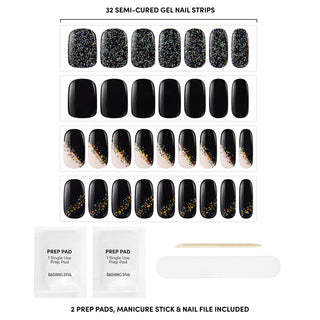 Semi-cured black gel nail strips featuring iridescent glitter, iridescent mosaic accents, and asymmetrical french tips with mega volume and maximum shine.