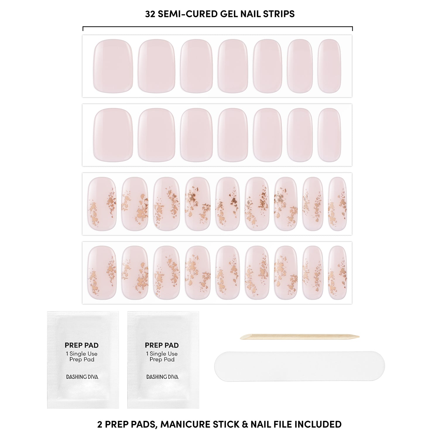 Semi-cured ultra baby pink gel nail strips featuring gold foil accents with mega volume and maximum shine.