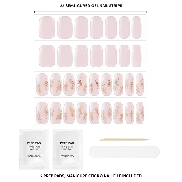 Semi-cured ultra baby pink gel nail strips featuring gold foil accents with mega volume and maximum shine.