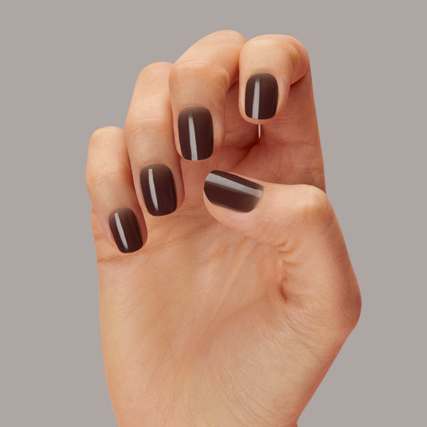 Semi-cured, rich chocolate brown gel nail strips with mega volume & a sheer finish.