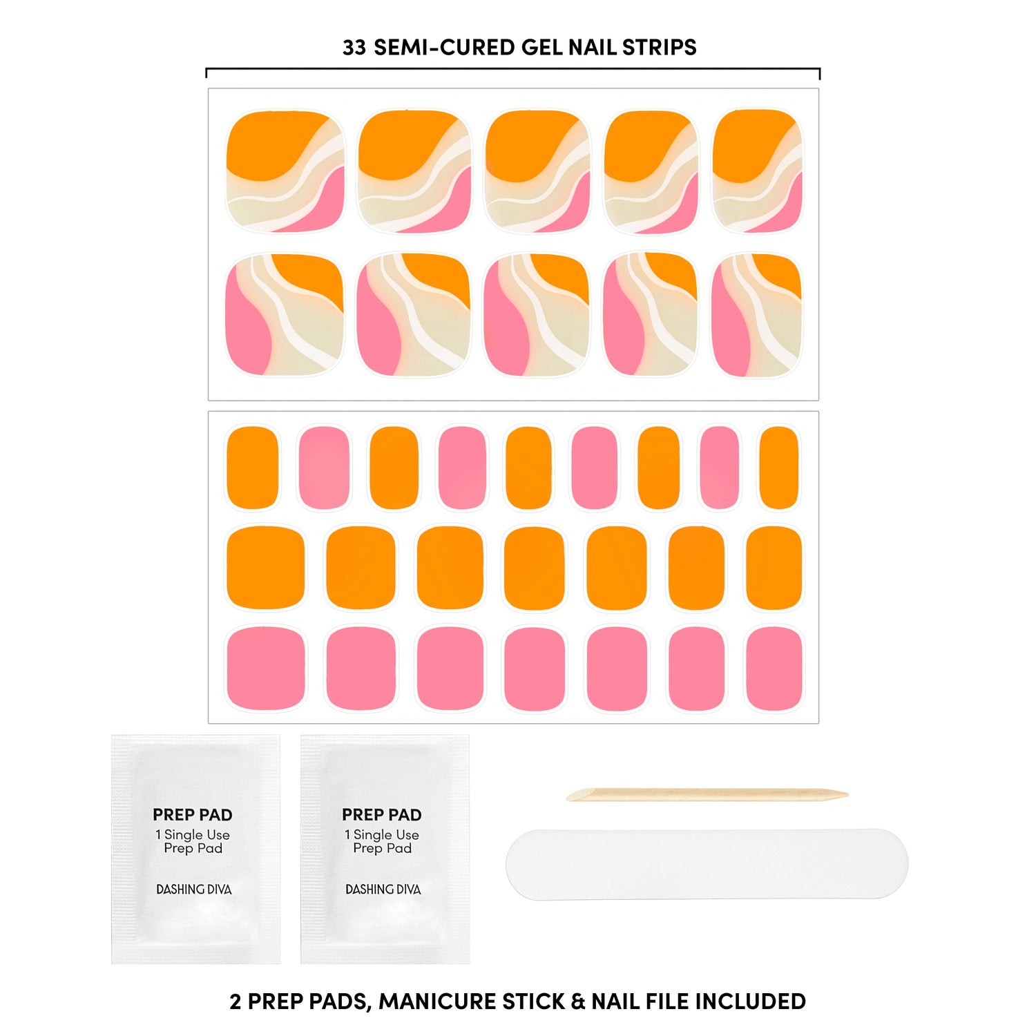 Semi-cured sheer nude, orange, and pink gel pedicure strips featuring abstract color blocking & wavy line art 