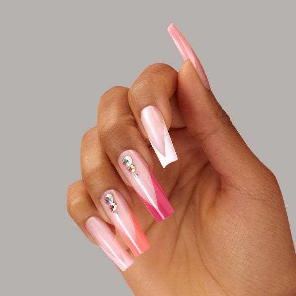 Extra long length, square shape, glossy finish. Sheer, nude pink glue-on gel nails featuring magenta, peach, light pink, and white chevron french tips