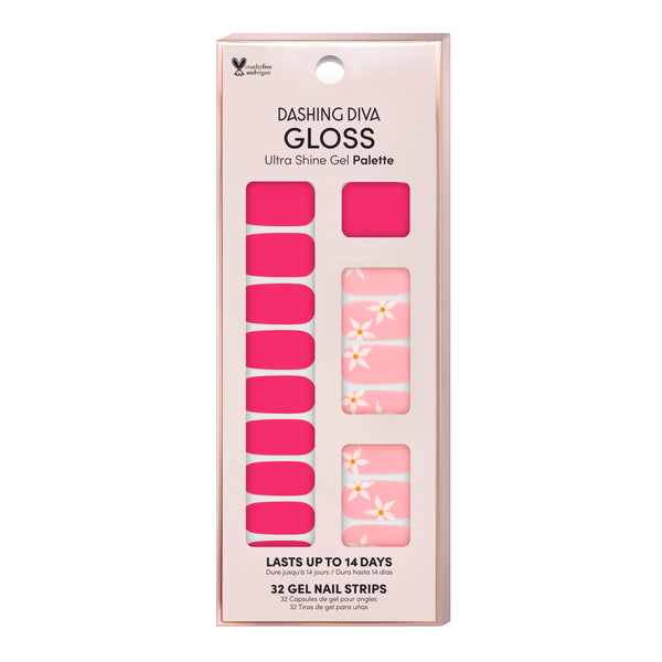 Hot pink & light pink nail strips featuring white floral accents with a glossy, high-shine finish.