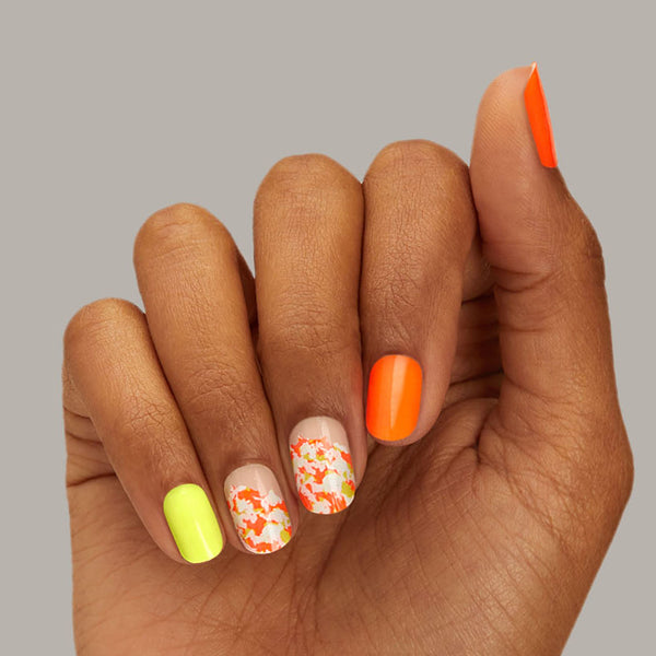 Neon orange & neon yellow nail strips featuring camouflage accents with a glossy, high-shine finish.