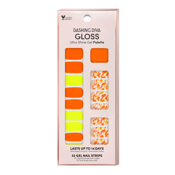 Neon orange & neon yellow nail strips featuring camouflage accents with a glossy, high-shine finish.