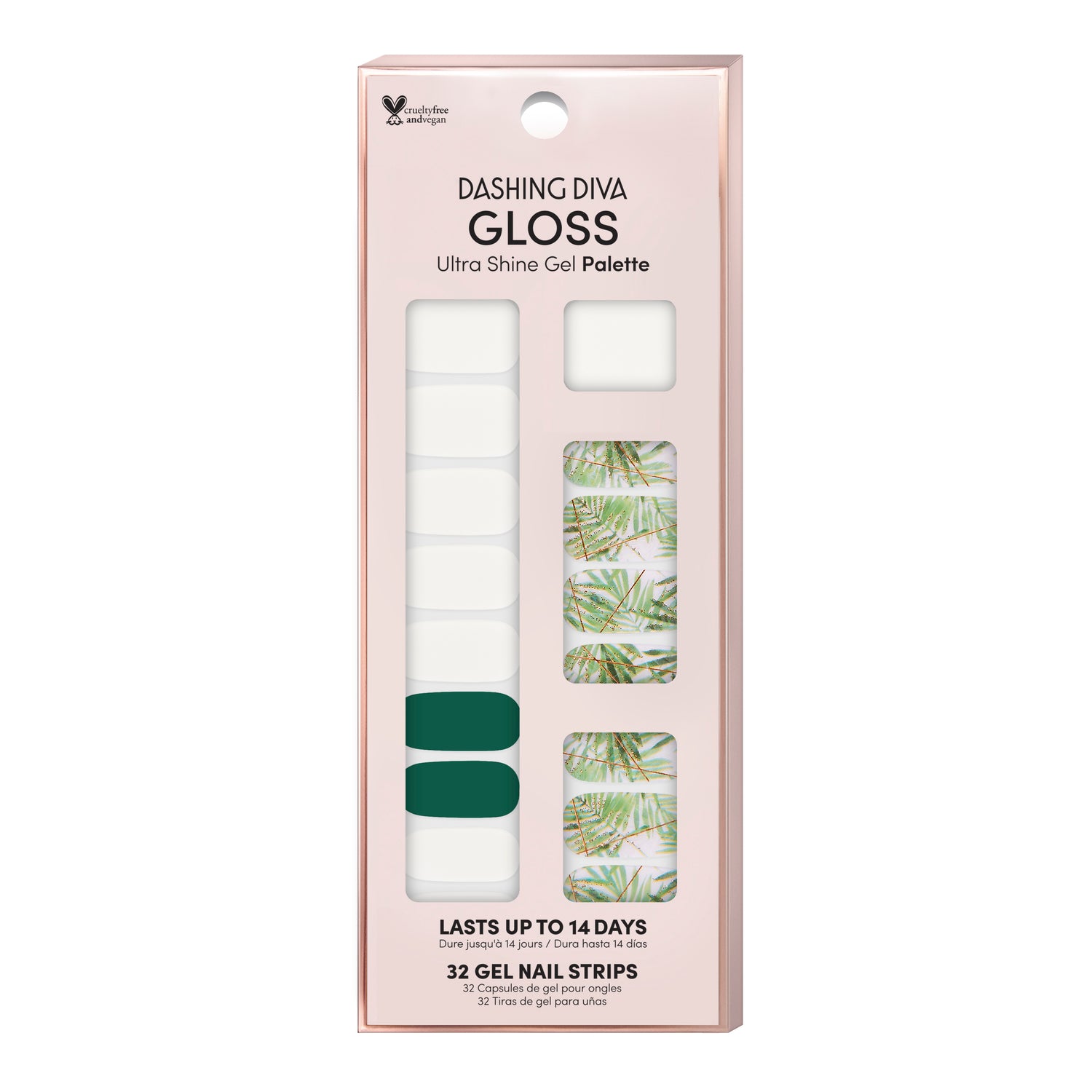 Sheer white and true green nail strips featuring palm leaf accents and gold foil details with a high-shine, glossy finish.