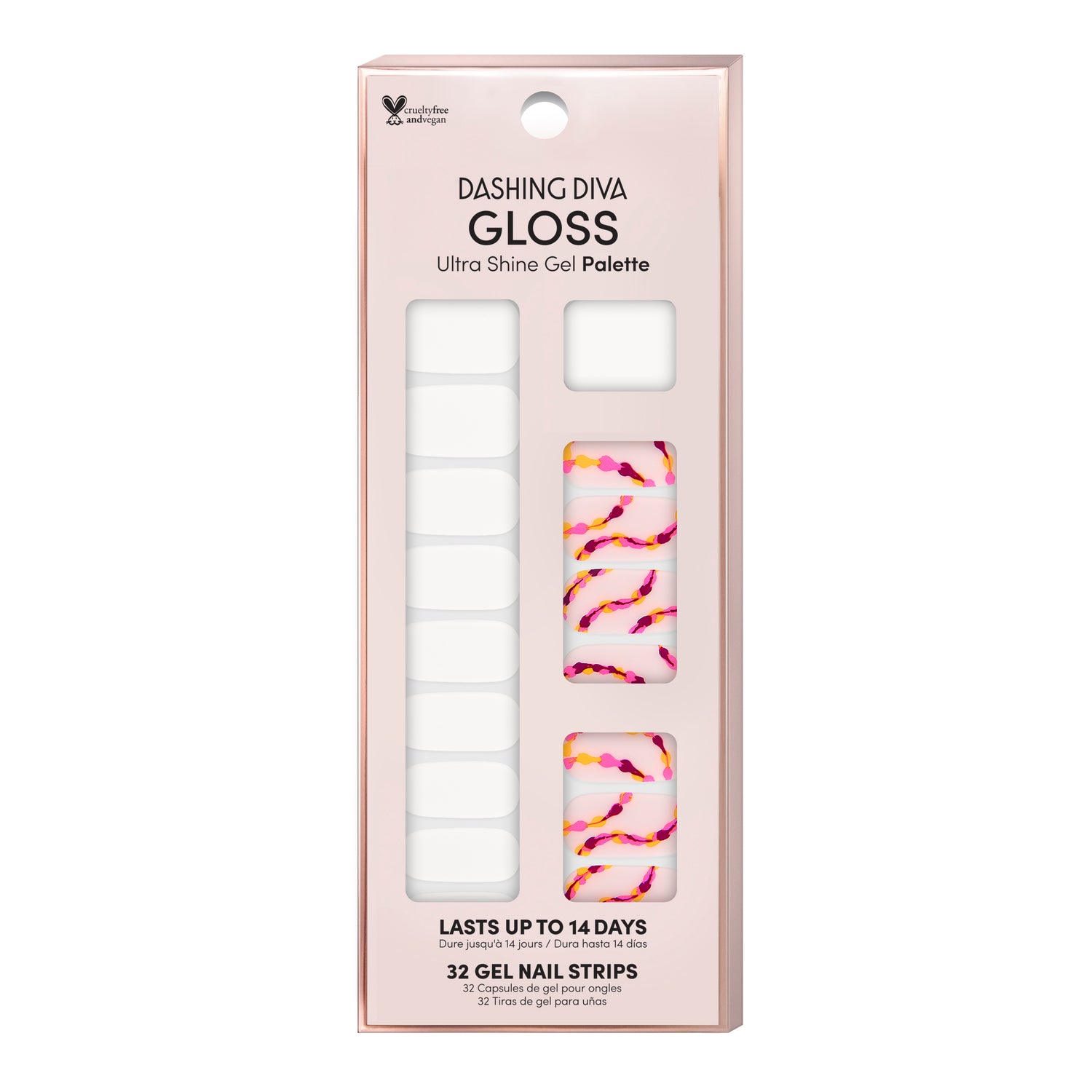 Sheer pink & sheer white nail strips featuring paint inspired line art with a high shine, glossy finish.