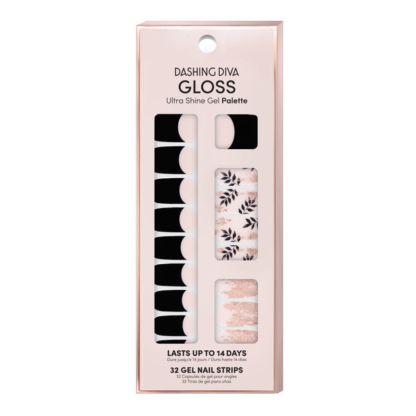 Sheer nude pink nail strips featuring black french tips, vine accents, and rose gold foil with a glossy, high-shine finish.